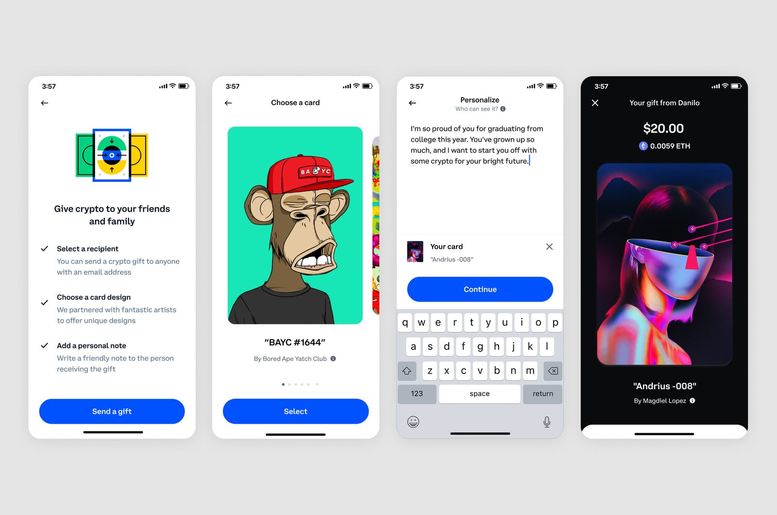 Coinbase crypto gifting flow.