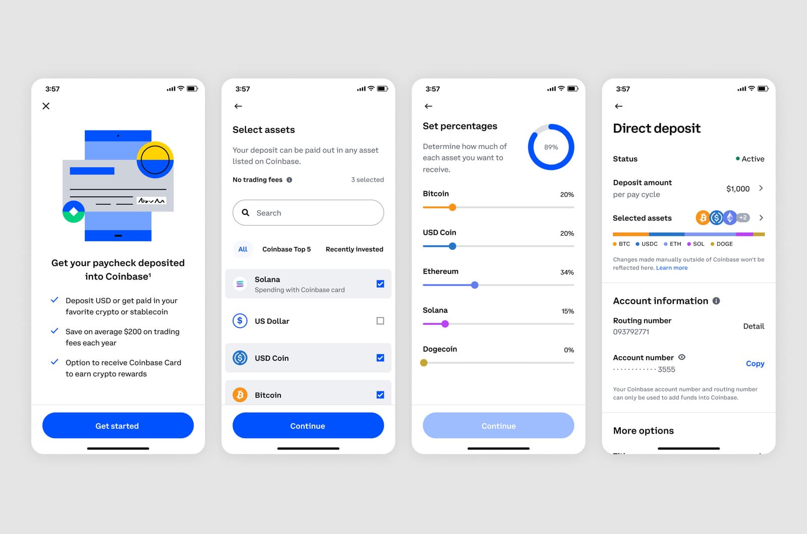 Coinbase crypto payroll setup screens.