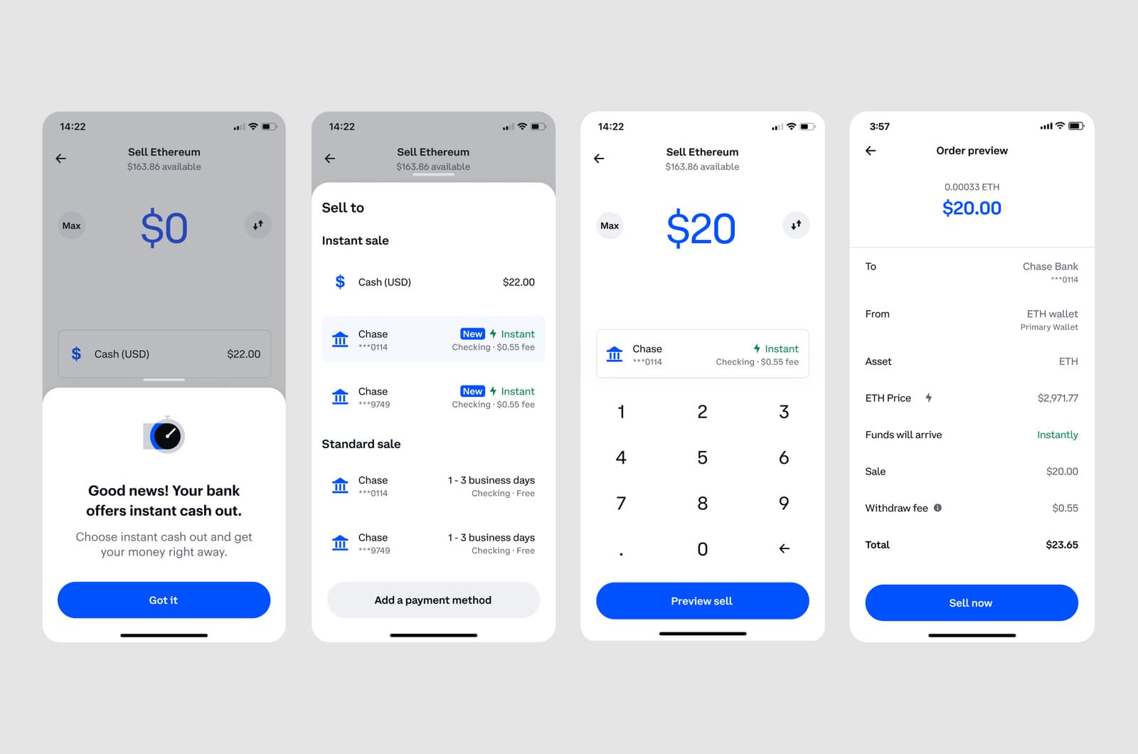 Coinbase instant sell flow.