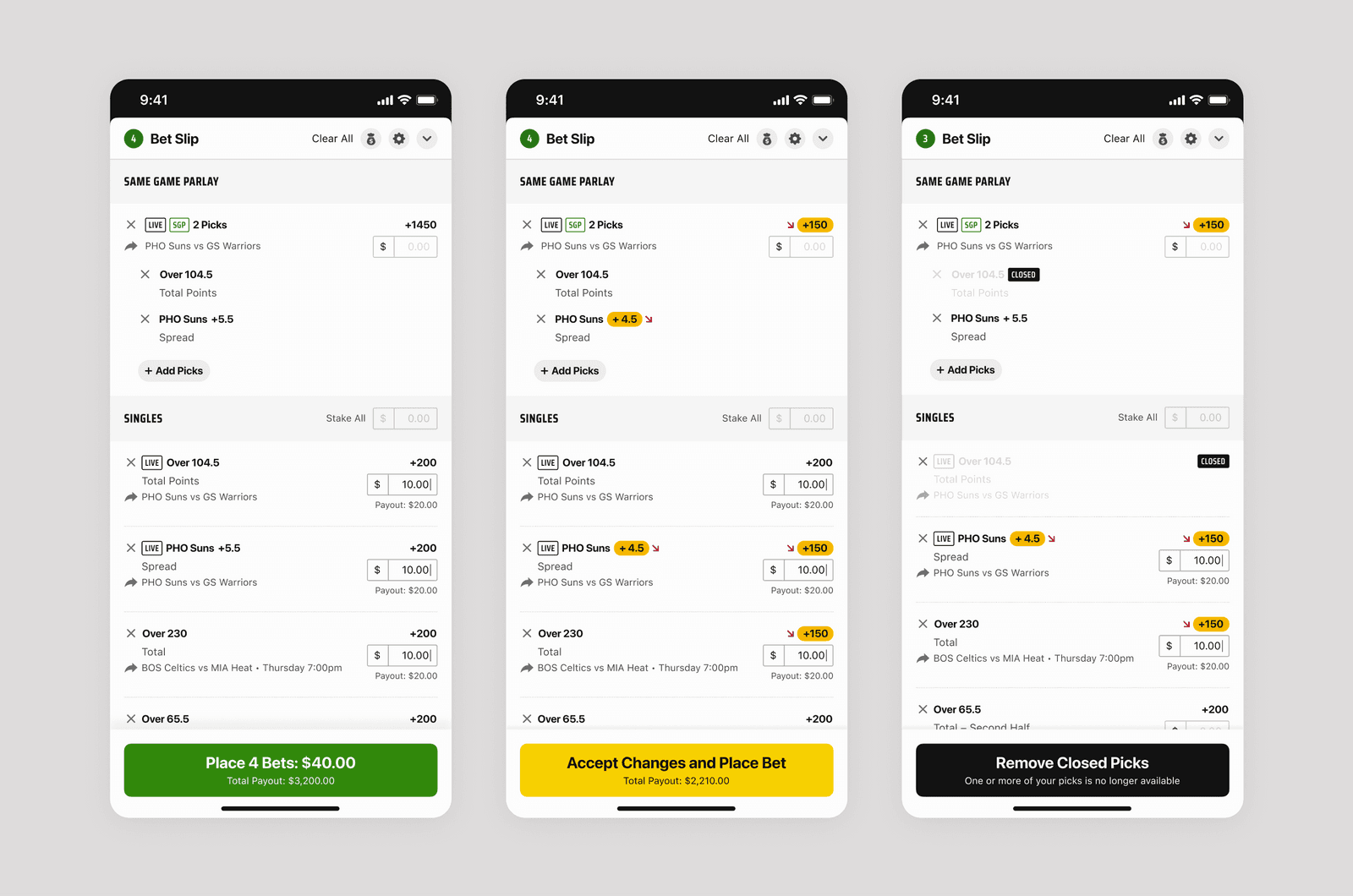 DraftKings betslip redesign screens.