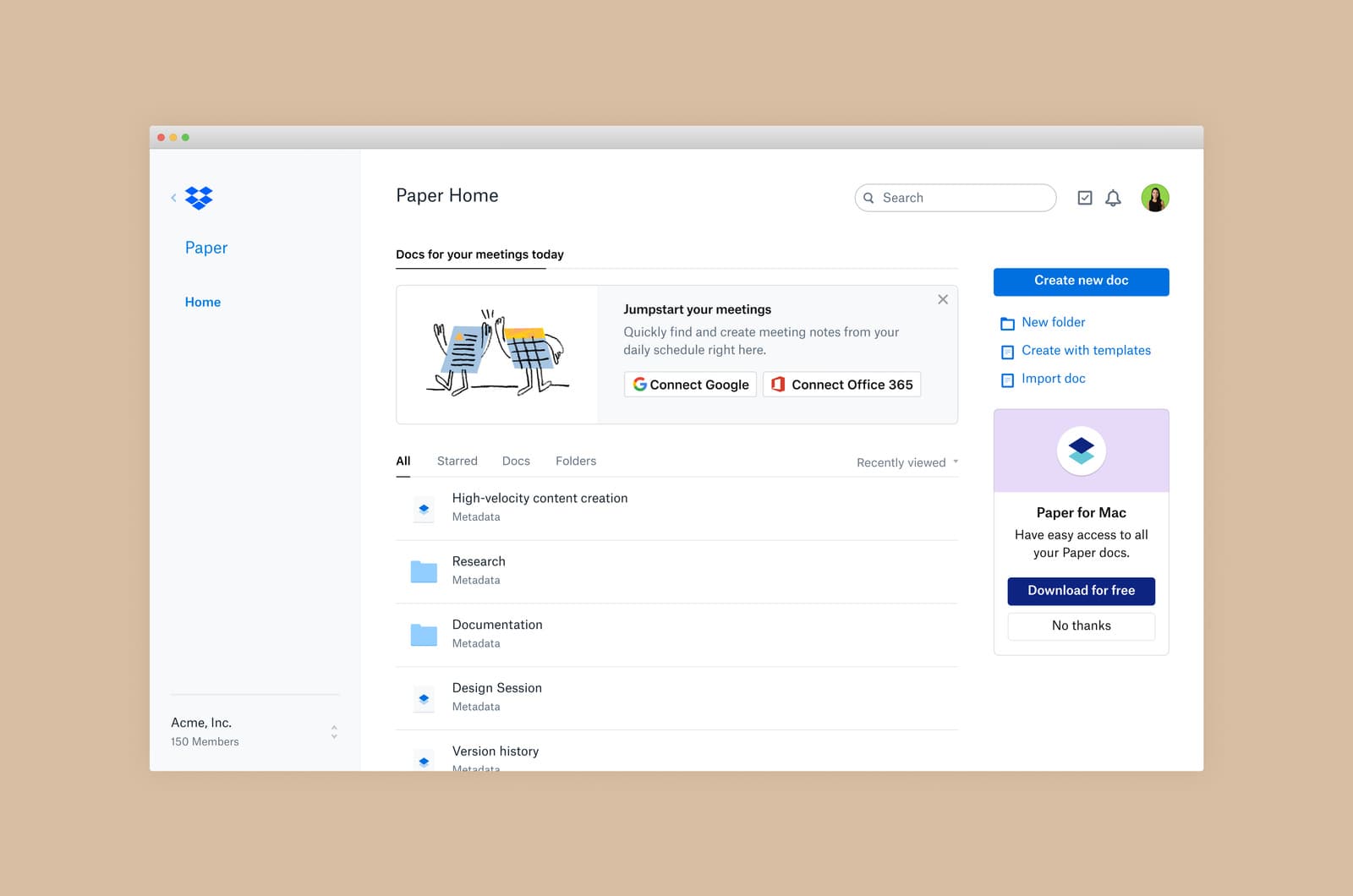 Dropbox Paper desktop app interface.