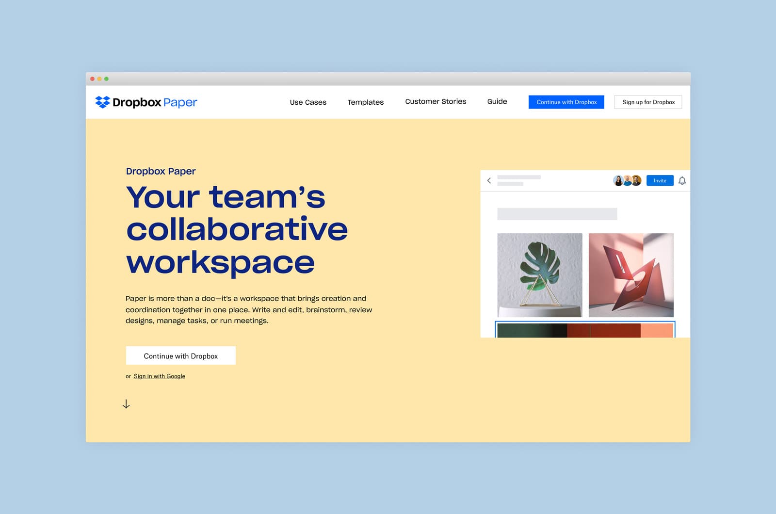 Dropbox Paper marketing page redesign screen.