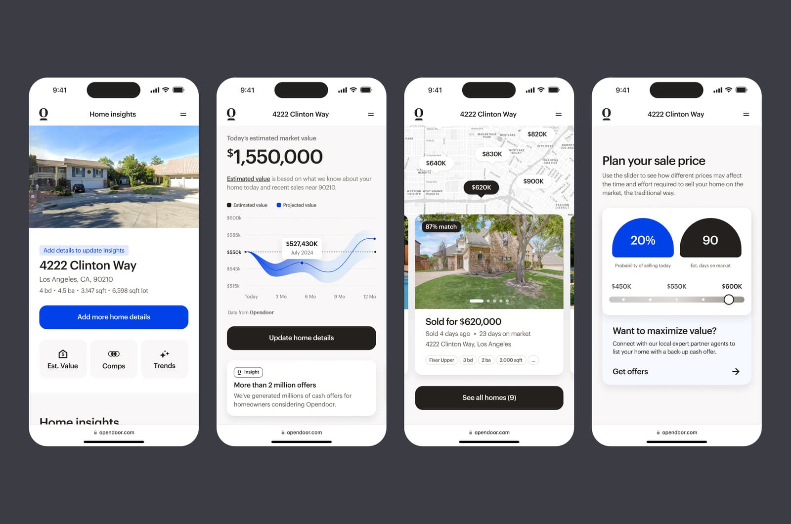 Opendoor Home Insights market and valuation screens.