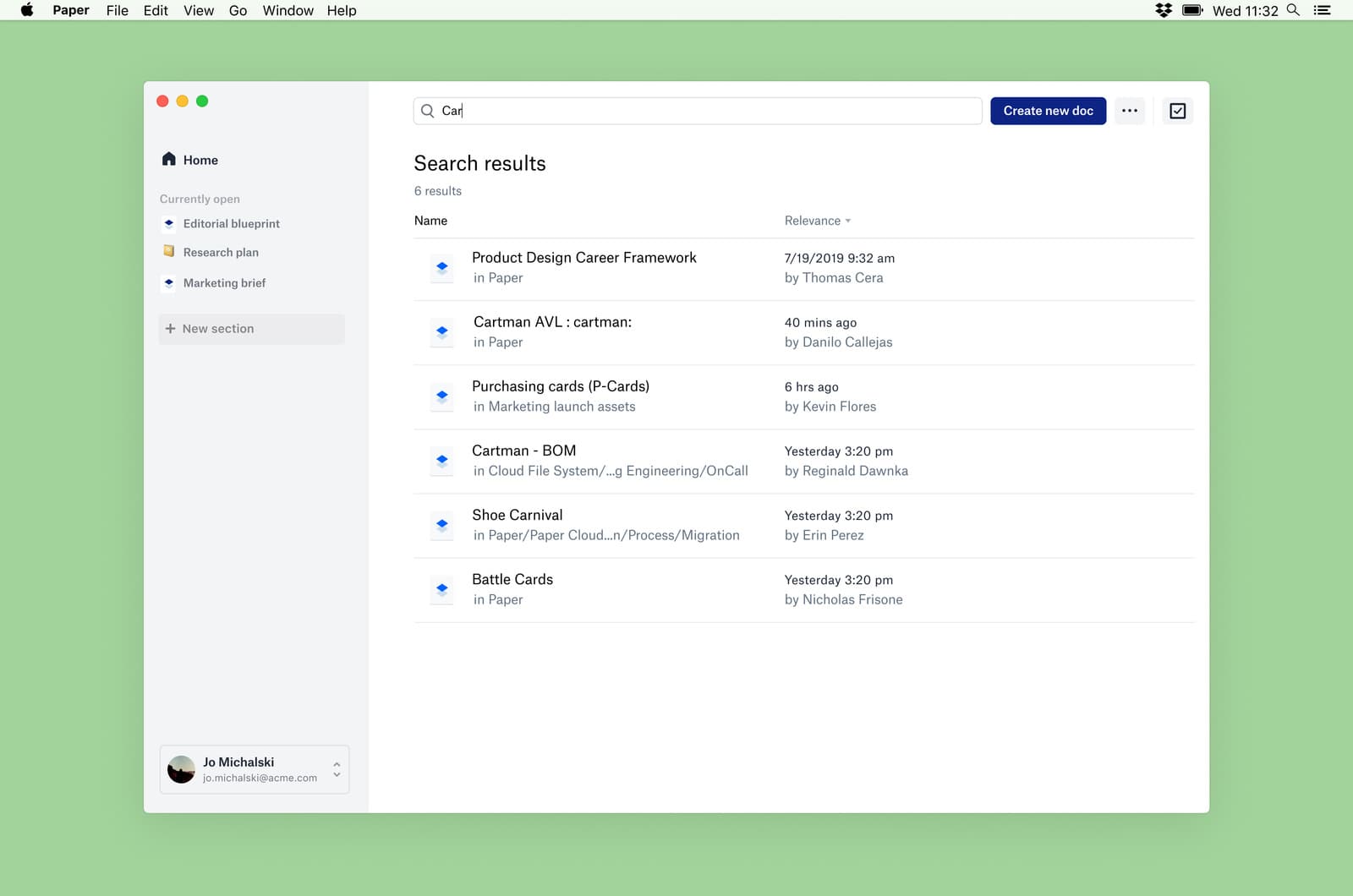 Dropbox Paper Desktop search screens.