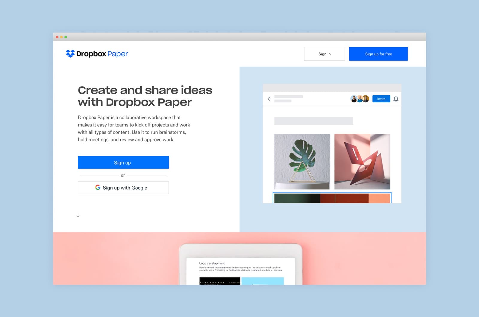 Dropbox Paper marketing page supporting screen.