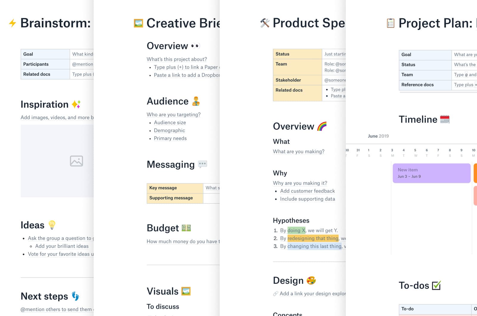 Dropbox Paper templates example screens.