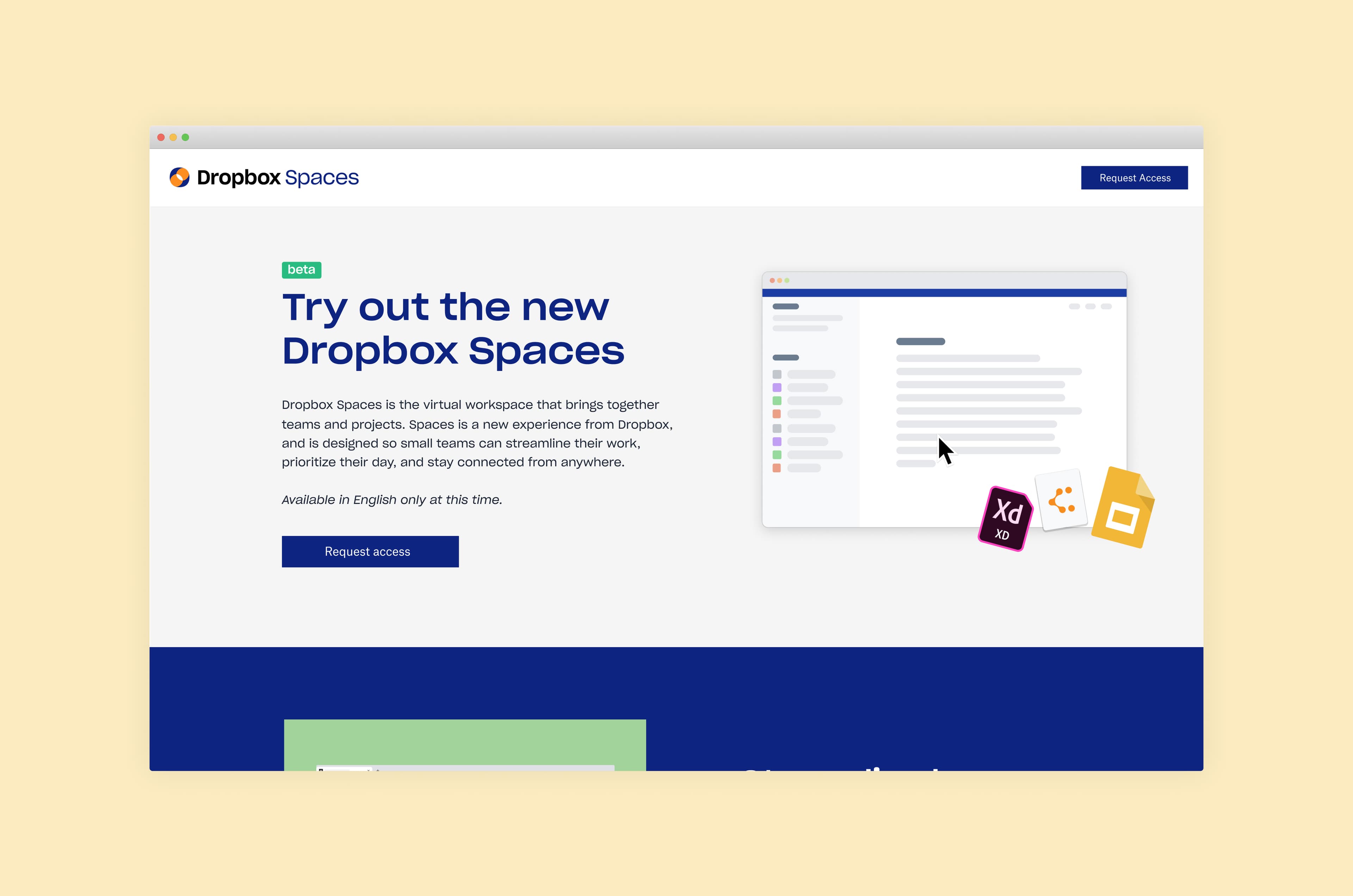 Dropbox Spaces beta request marketing page.