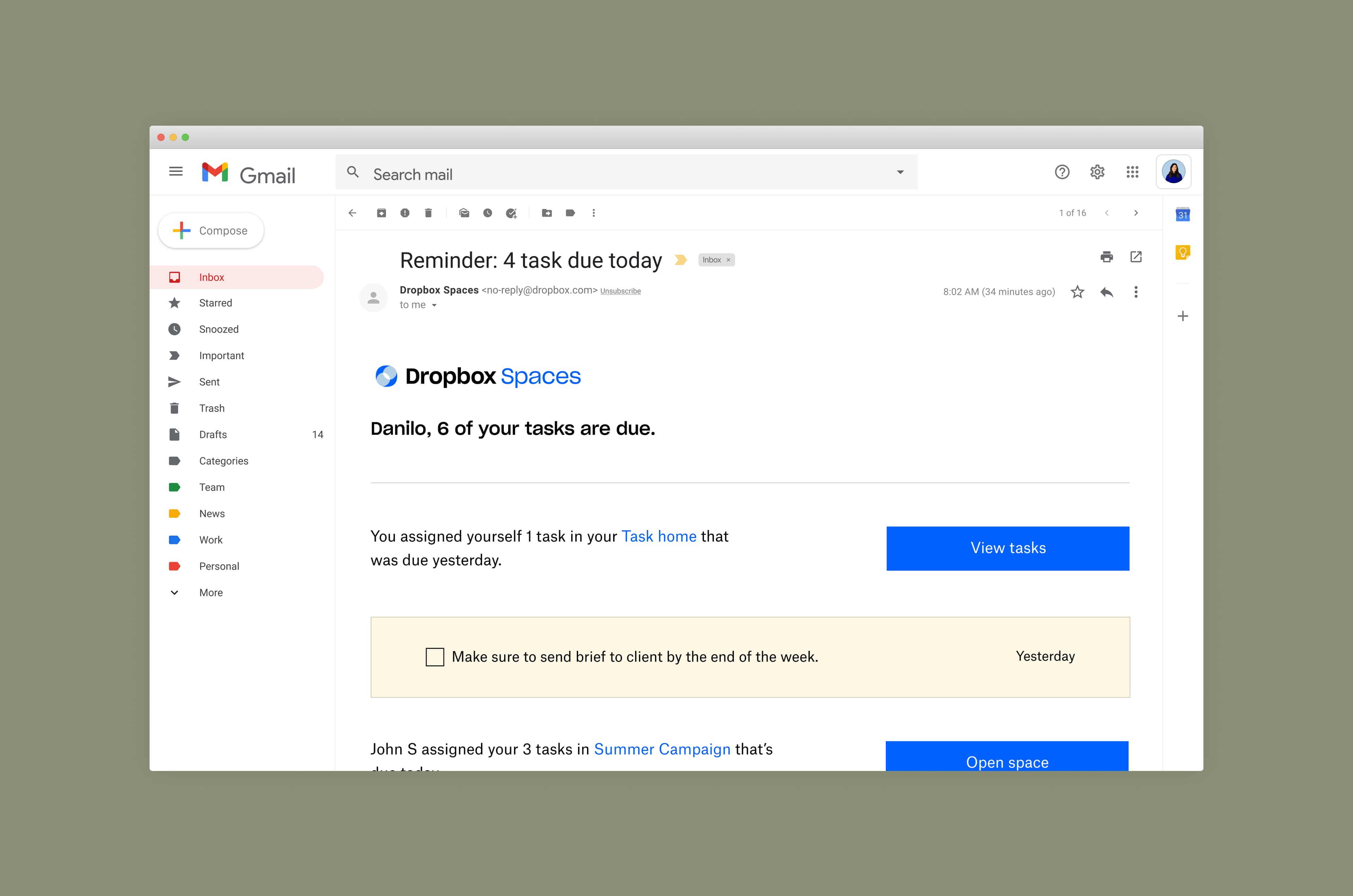 Dropbox Spaces task reminders screen.