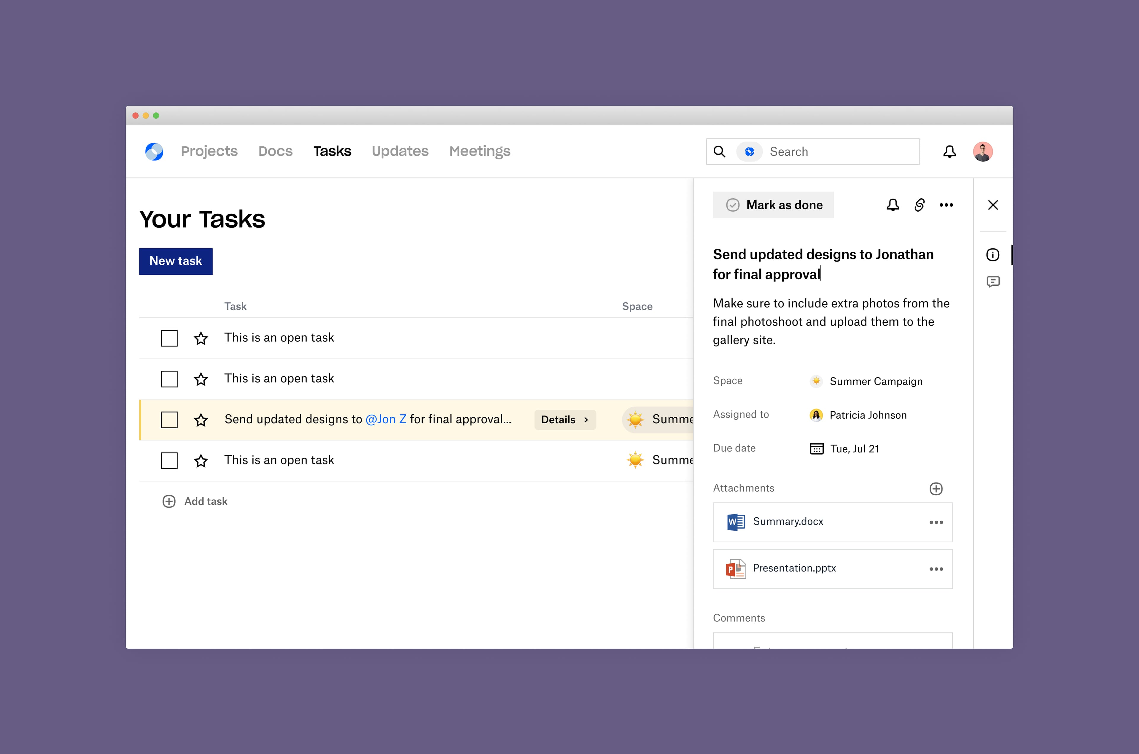 Dropbox Spaces task tracking screen.
