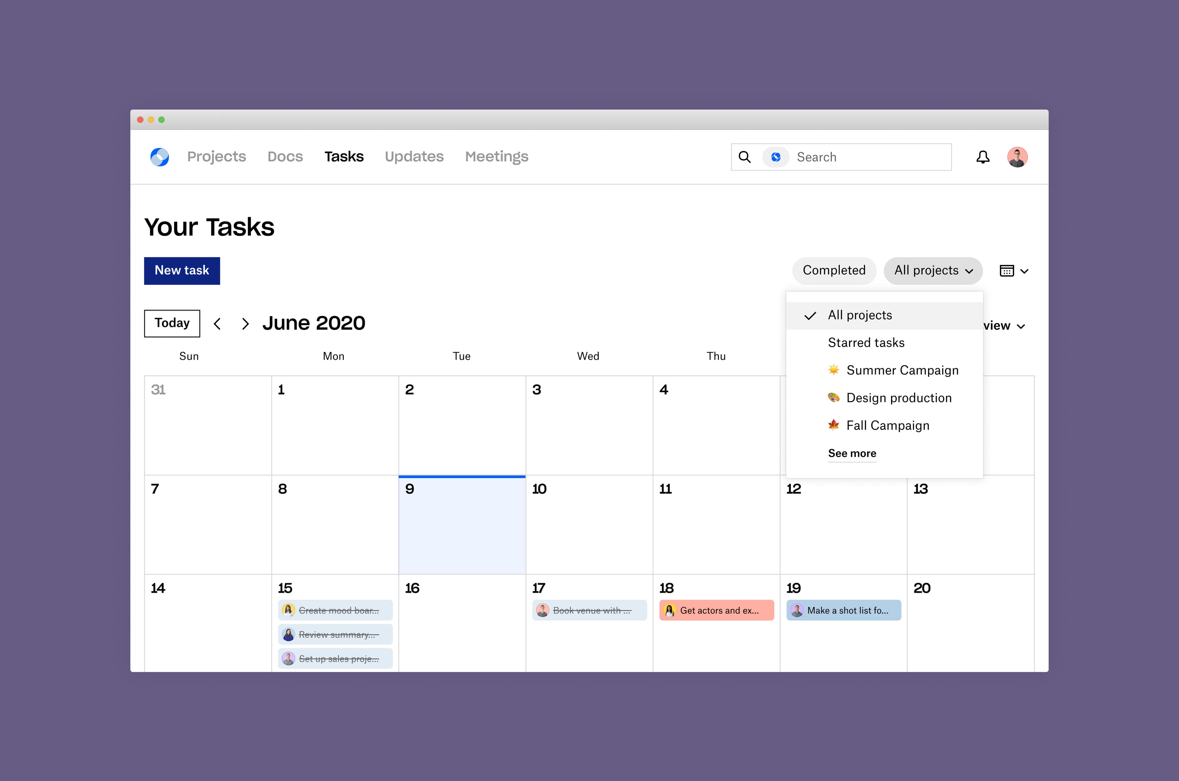 Dropbox Spaces task list and workspace screen.