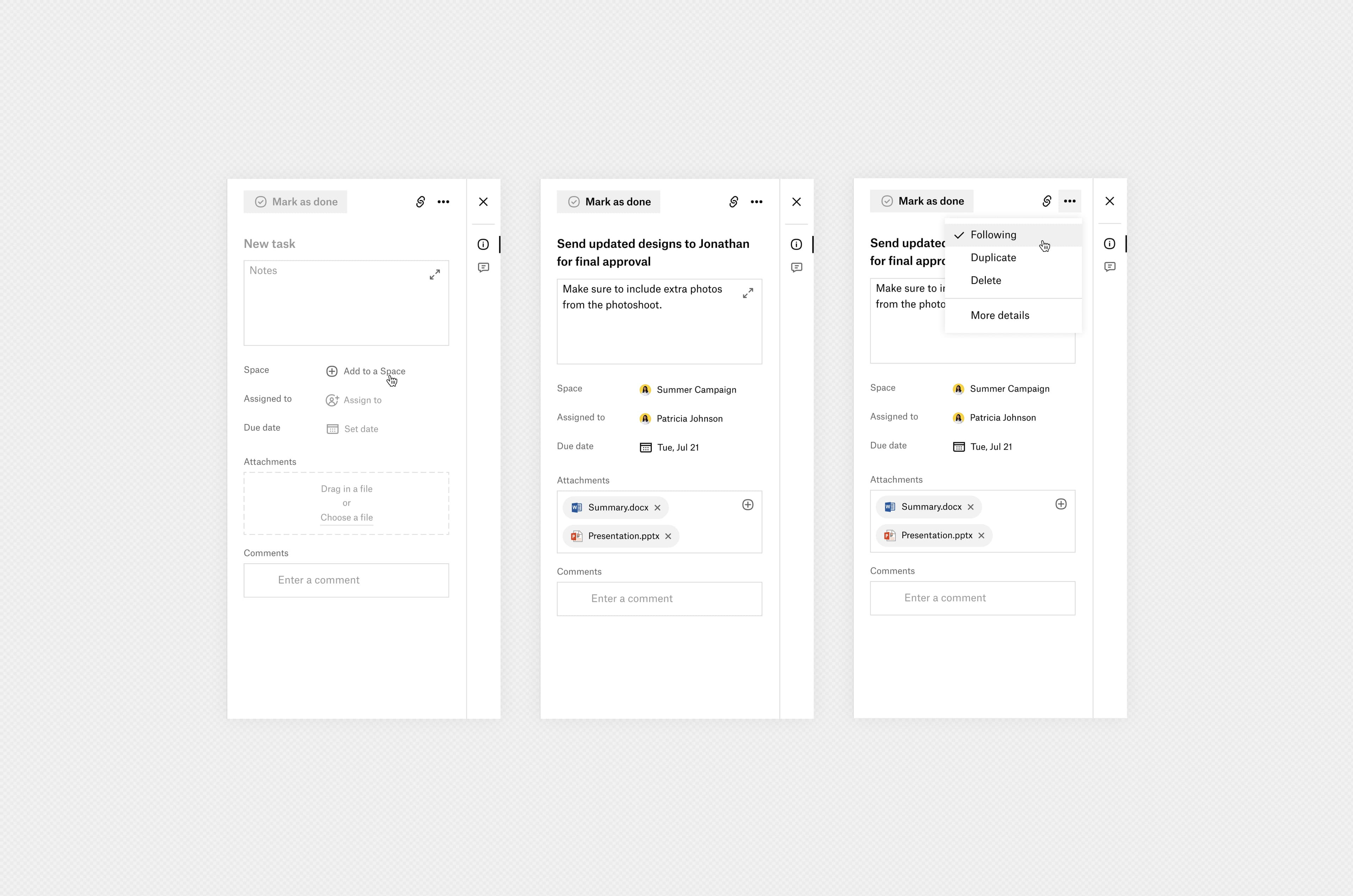 Dropbox Spaces task details screen.