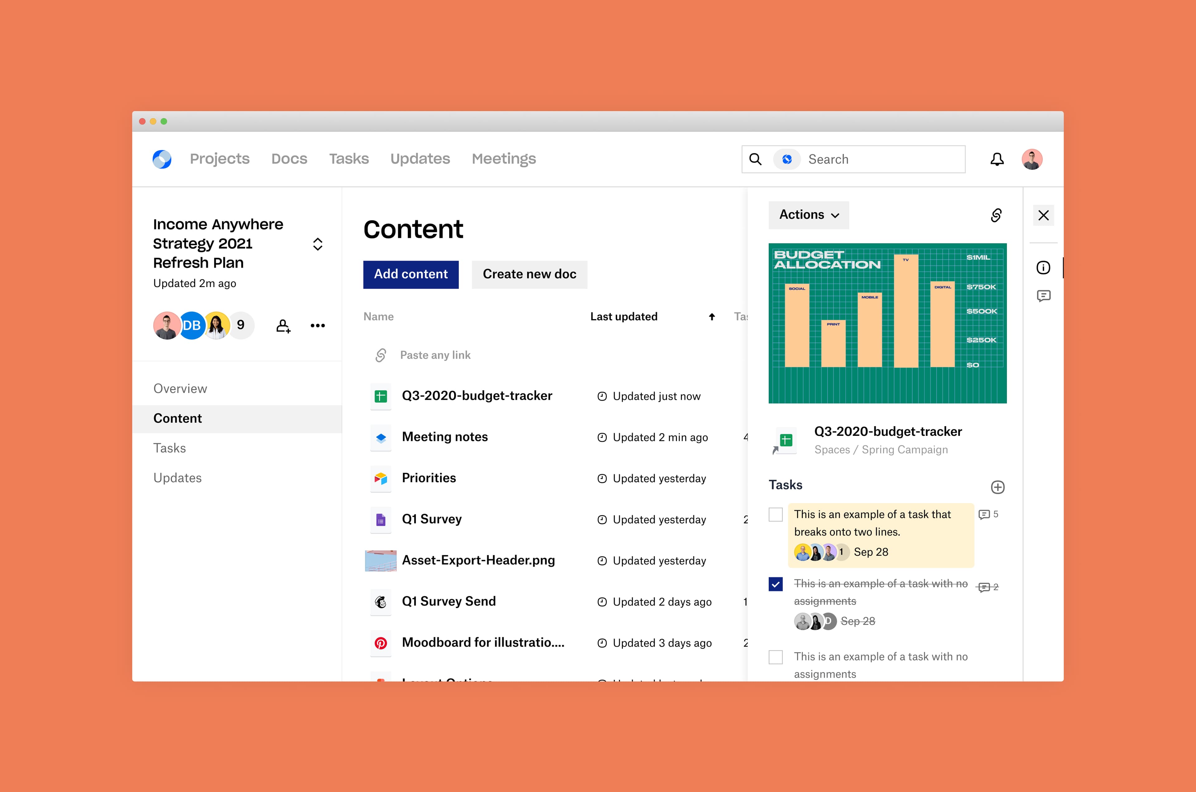 Dropbox Spaces content task screen.
