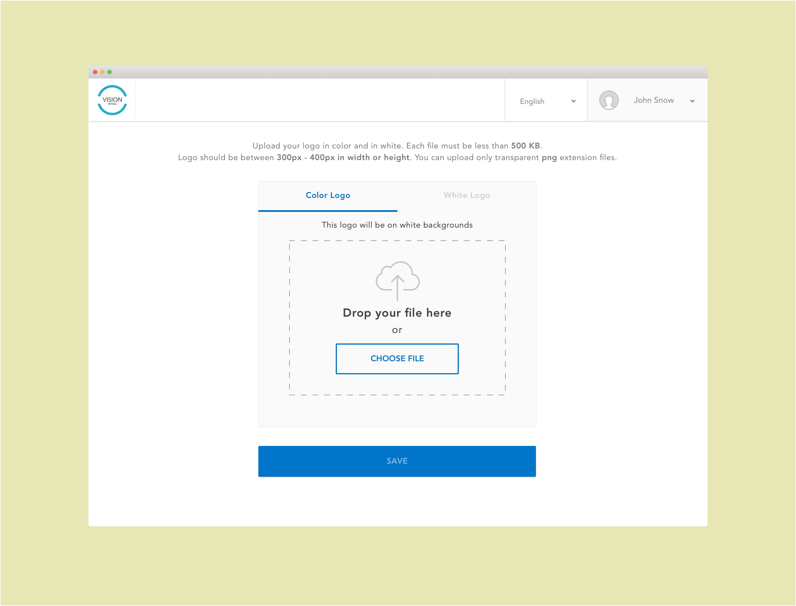 Vision Platform account personalization interface.