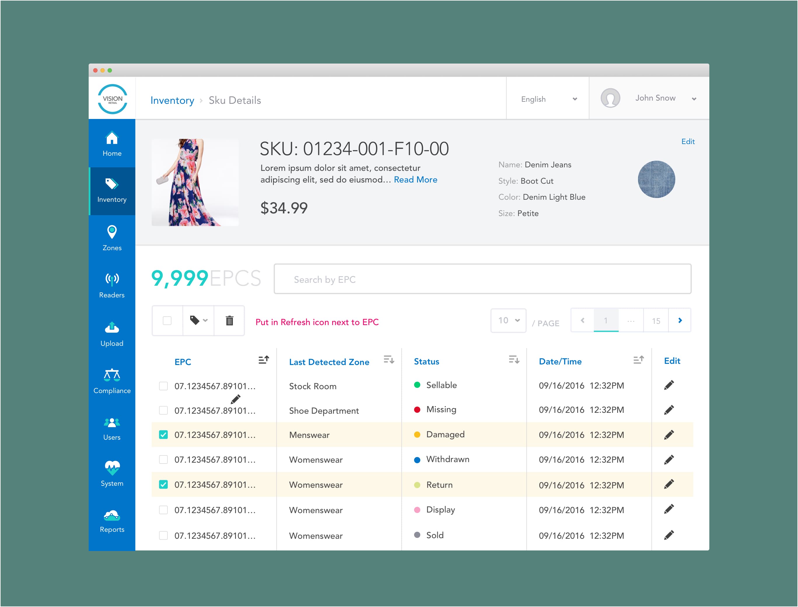 Vision Platform inventory management interface.